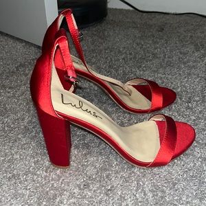 Red satin block heel sandals